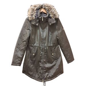 NEW Guess Grace Shiny Crinkle Nylon Parka Jacket Fur Trim Hood Size M Green